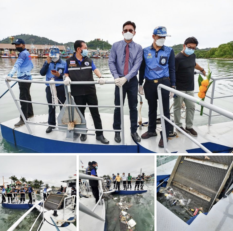 กรมทะเลชวนเทศบาลรัษฎา ล่องเรือเก็บขยะลอยน้ำคลองท่าจีน