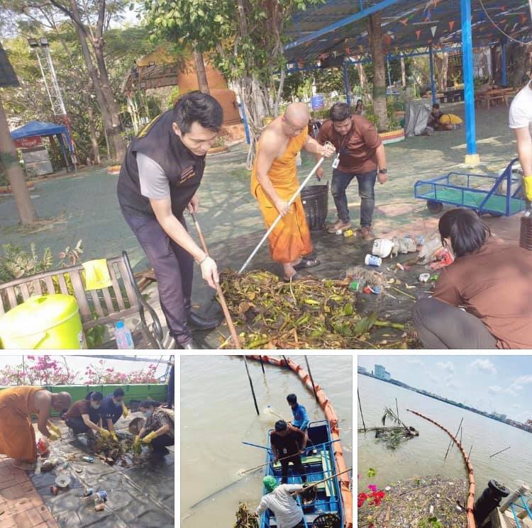 ระดมพลเก็บขยะจากทุ่นกักขยะวัดจากแดง สมุทรปราการ