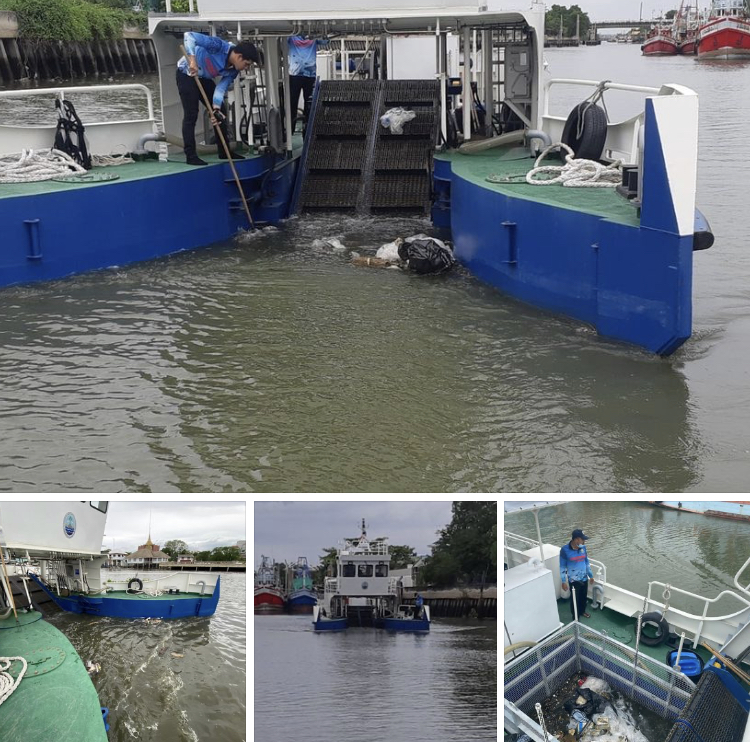 เรือกวาดขยะทะเล ลุยเก็บขยะตลาดในคลองมหาชัย