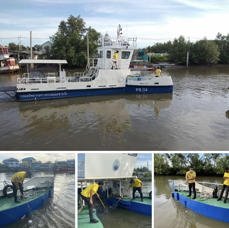 ล่องเรือ กวาดขยะลอยน้ำในคลองพิทยาลงกรณ์