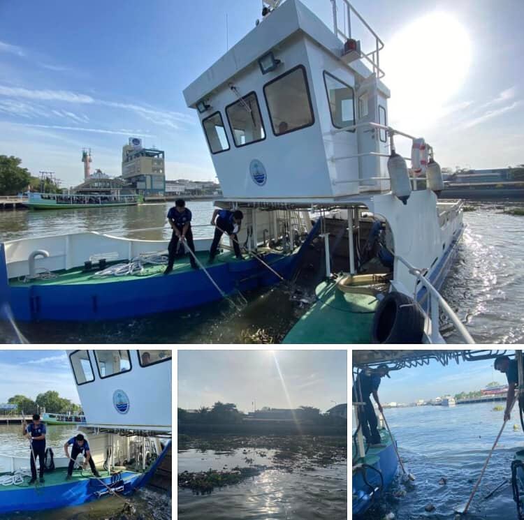 ล่องเรือเก็บขยะหน้าตลาดมหาชัย ในลำน้ำท่าจีน