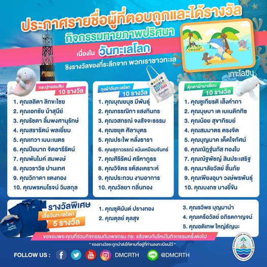 ประกาศ รายชื่อผู้ได้รับรางวัลจากกิจกรรม ทายภาพปริศนา เนื่องในวันทะเลโลก ๒๕๖๕