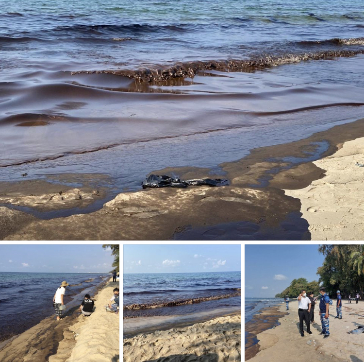 น้ำมันดิบรั่วไหลลงทะเล ขึ้นเกยฝั่งหาดแม่รำพึงแล้ว