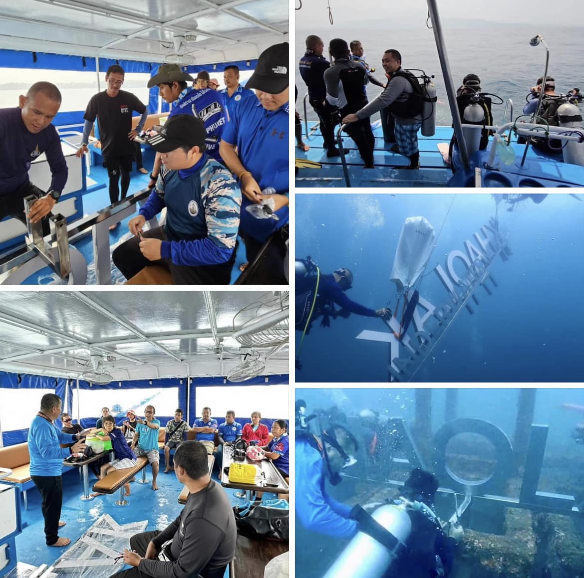กรม ทช. ดำน้ำติดตั้งป้ายตัวอักษร "KHAOLAK Underwater museum" บนปะการังเทียม บริเวณอุทยานการเรียนรู้ใต้ทะเลเขาหลักจังหวัดพังงา