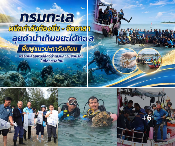 กรมทะเล ผนึกกำลังท้องถิ่น - จิตอาสา ลุยดำน้ำเก็บขยะใต้ทะเล ฟื้นฟูแนวปะการังเทียม พร้อมปล่อยพันธุ์สัตว์น้ำเสริมความสมบูรณ์ให้ท้องทะเลไทย