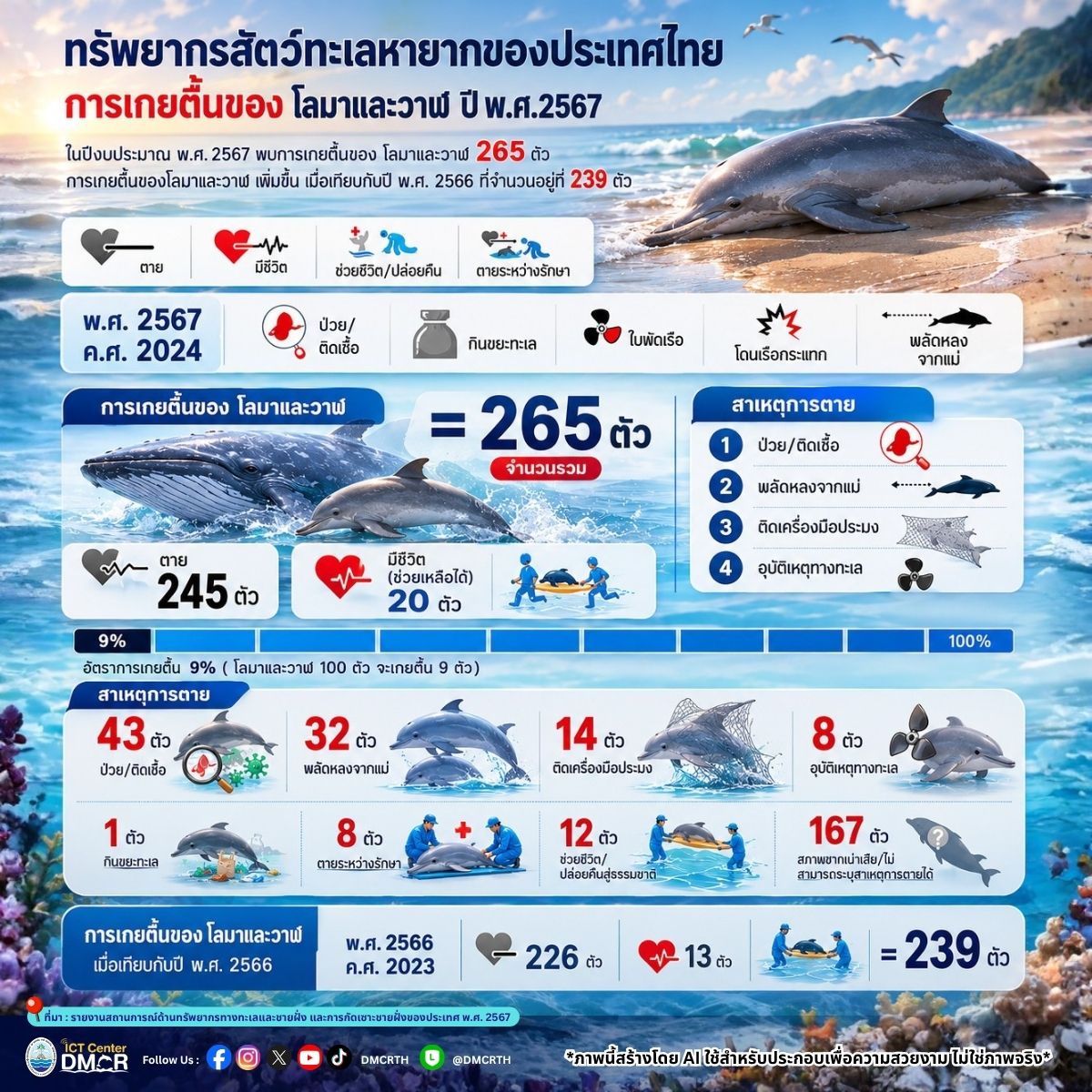 วิกฤตสัตว์ทะเลไทย! สถิติ "โลมาและวาฬ" เกยตื้นพุ่ง 265 ตัว ปี 2567 เผยป่วยและพลัดหลงจากแม่เป็นภัยคุกคามหลัก