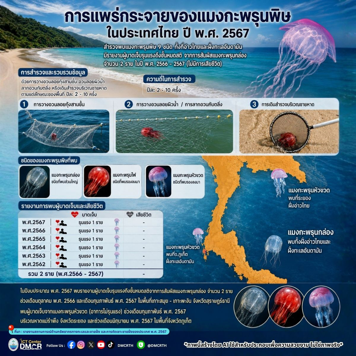 เฝ้าระวัง! สรุปสถานการณ์การแพร่กระจาย "แมงกะพรุนพิษ" ในทะเลไทย ปี 2567