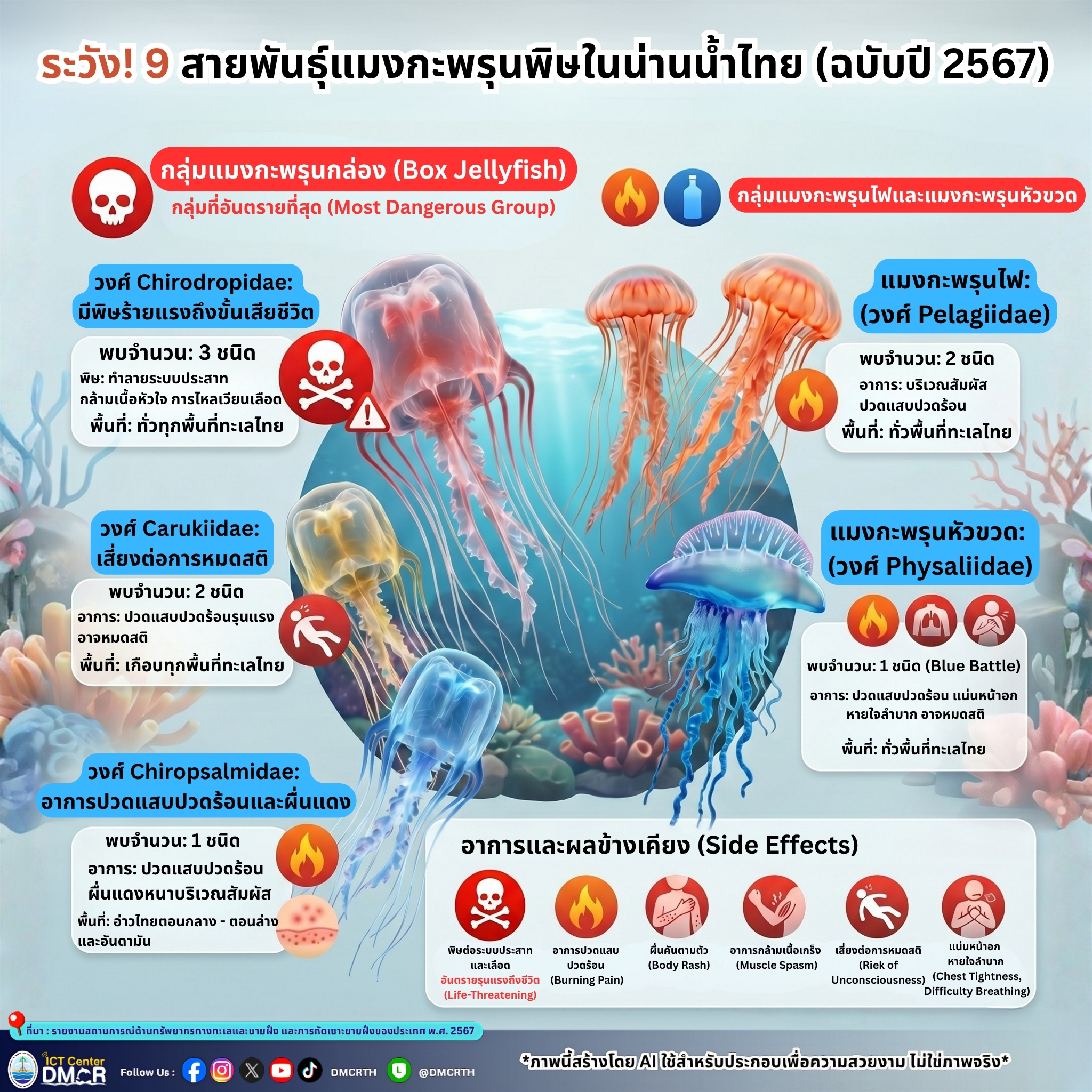 ระวัง! เปิดข้อมูล 9 สายพันธุ์แมงกะพรุนพิษในทะเลไทย ปี 2567 เช็กกลุ่มอันตรายและอาการข้างเคียง