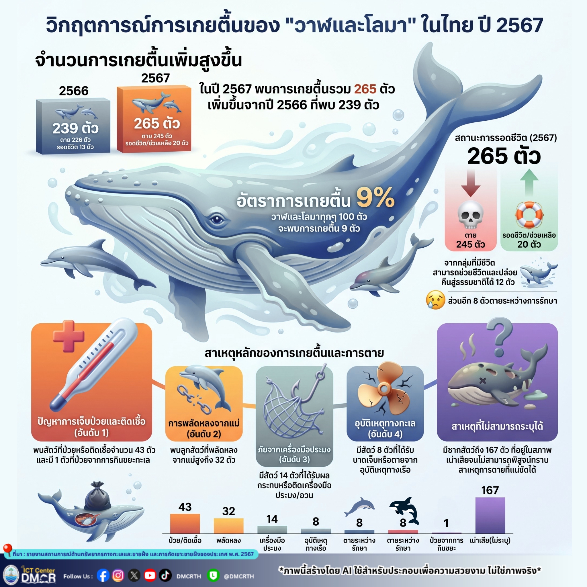 วิกฤตสัตว์ทะเลไทย! ยอด "โลมาและวาฬเกยตื้น" ปี 2567 พุ่งสูง 265 ตัว