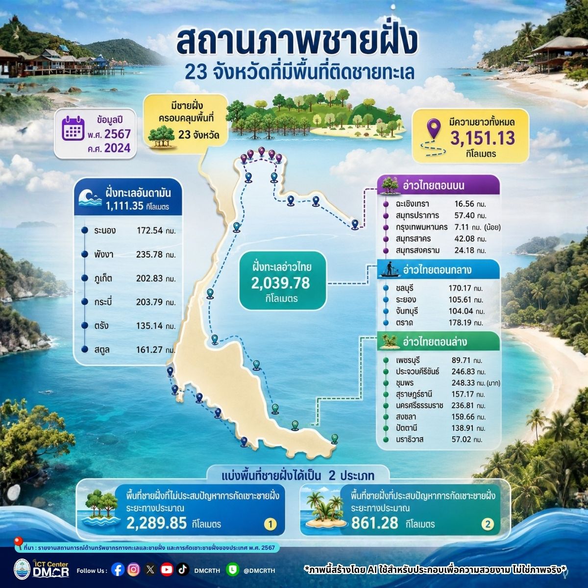 กางแผนที่ชายฝั่งไทย 23 จังหวัดปี 2567 ชี้เกือบ 30% ยังเผชิญวิกฤต "กัดเซาะชายฝั่ง"