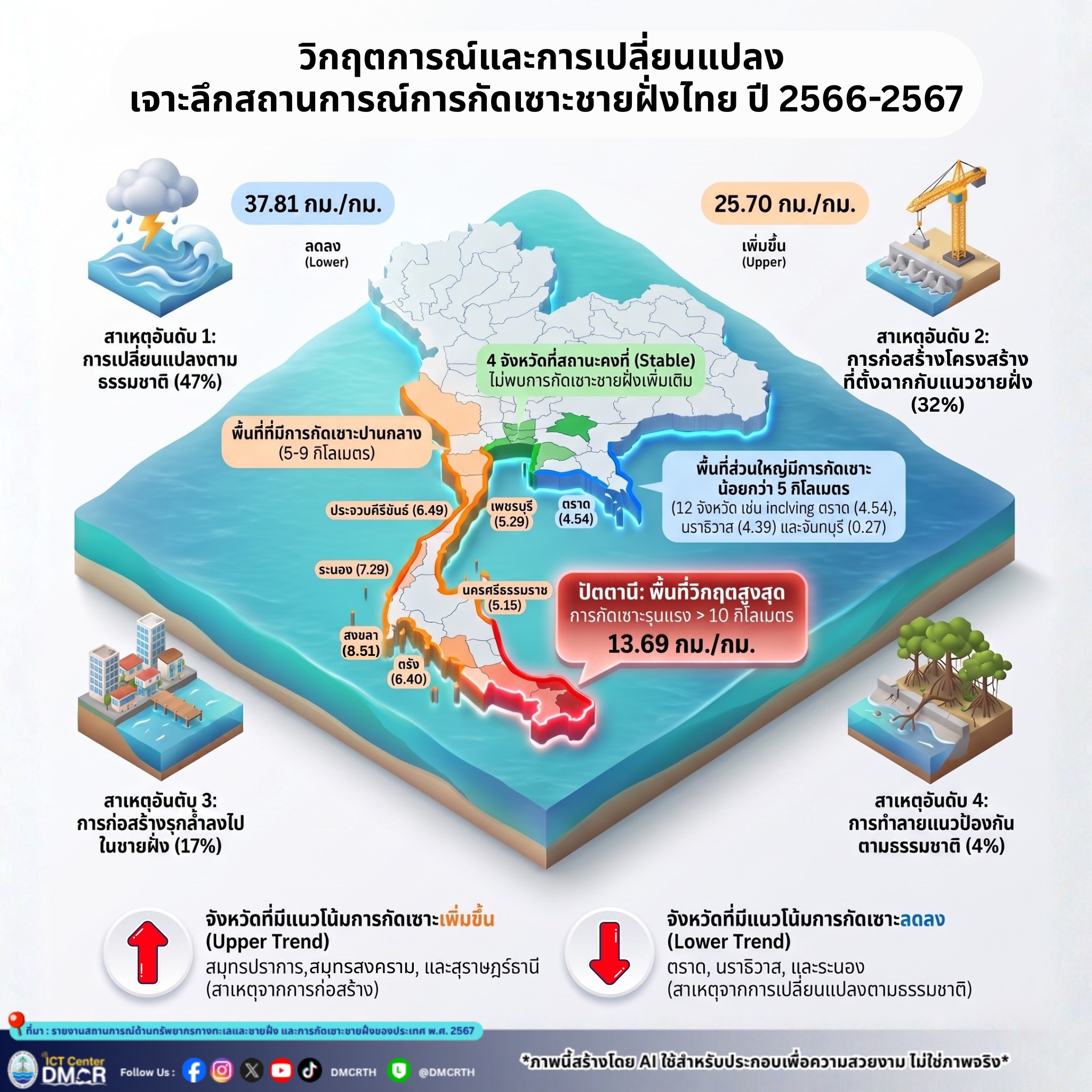 เจาะลึกวิกฤตกัดเซาะชายฝั่งไทยปี 66-67 "ปัตตานี" ทรุดหนักสุด ชี้โครงสร้างมนุษย์ทำแนวโน้มพุ่ง