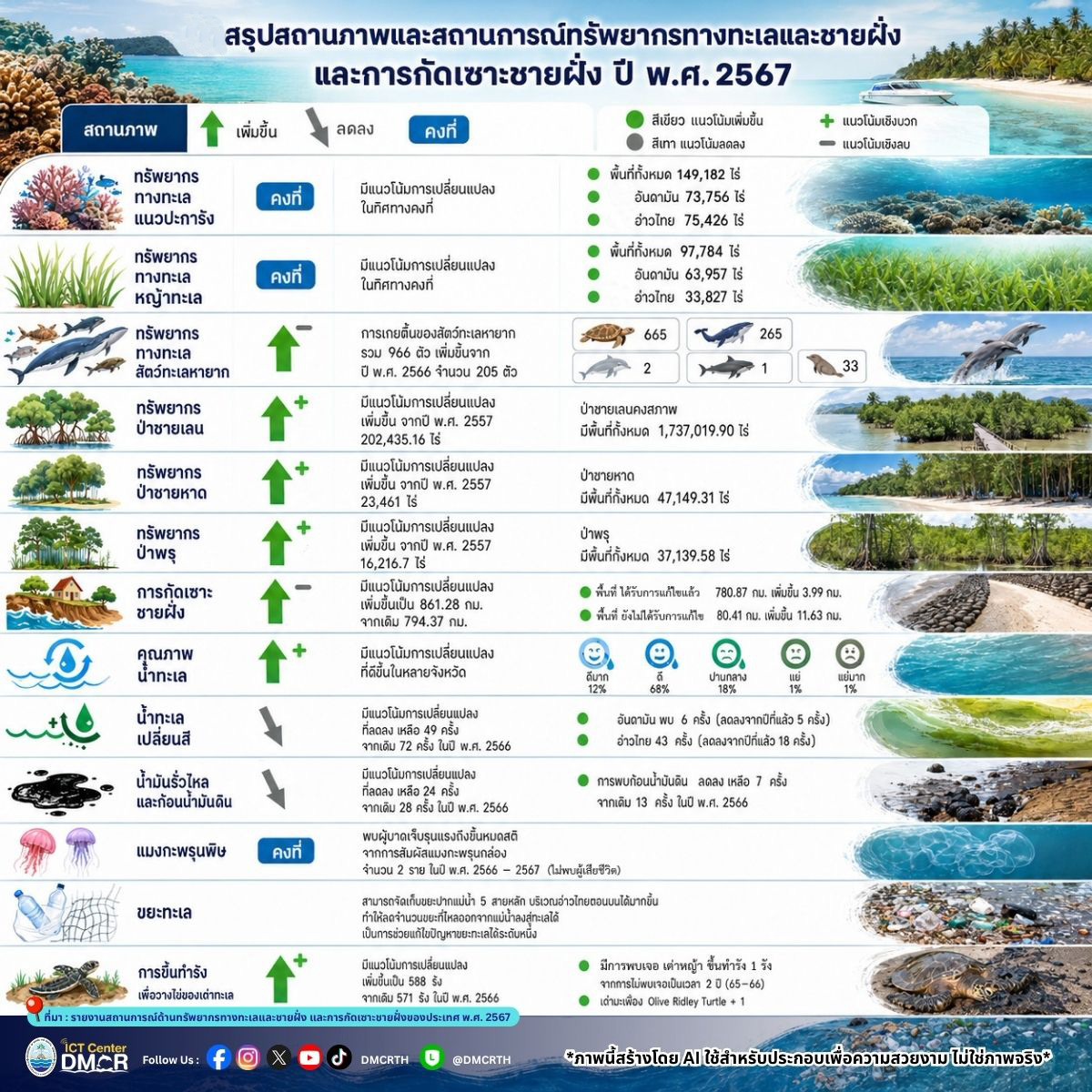 สรุปสถานการณ์ทะเลไทยปี 67: ป่าชายเลน-เต่าทะเลฟื้นตัวดีขึ้น แต่ยอดเกยตื้นและการกัดเซาะชายฝั่งยังน่าห่วง