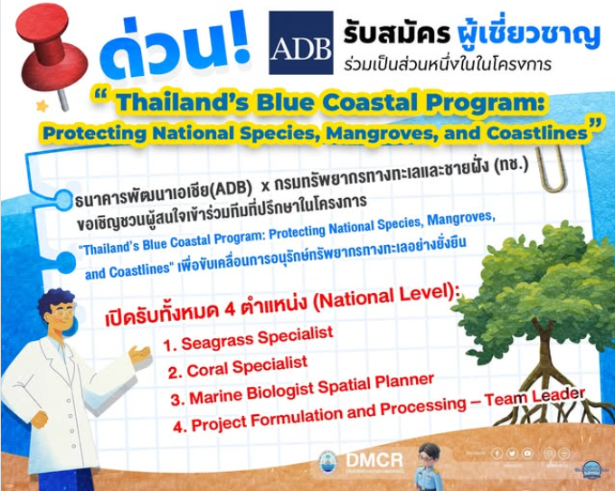 กรมทรัพยากรทางทะเลและชายฝั่ง (ทช.) ขอเชิญชวนผู้สนใจเข้าร่วมทีมที่ปรึกษาในโครงการ "Thailand’s Blue Coastal Program: Protecting National Species, Mangroves, and Coastlines" เพื่อขับเคลื่อนการอนุรักษ์ทรัพยากรทางทะเลอย่างยั่งยืน