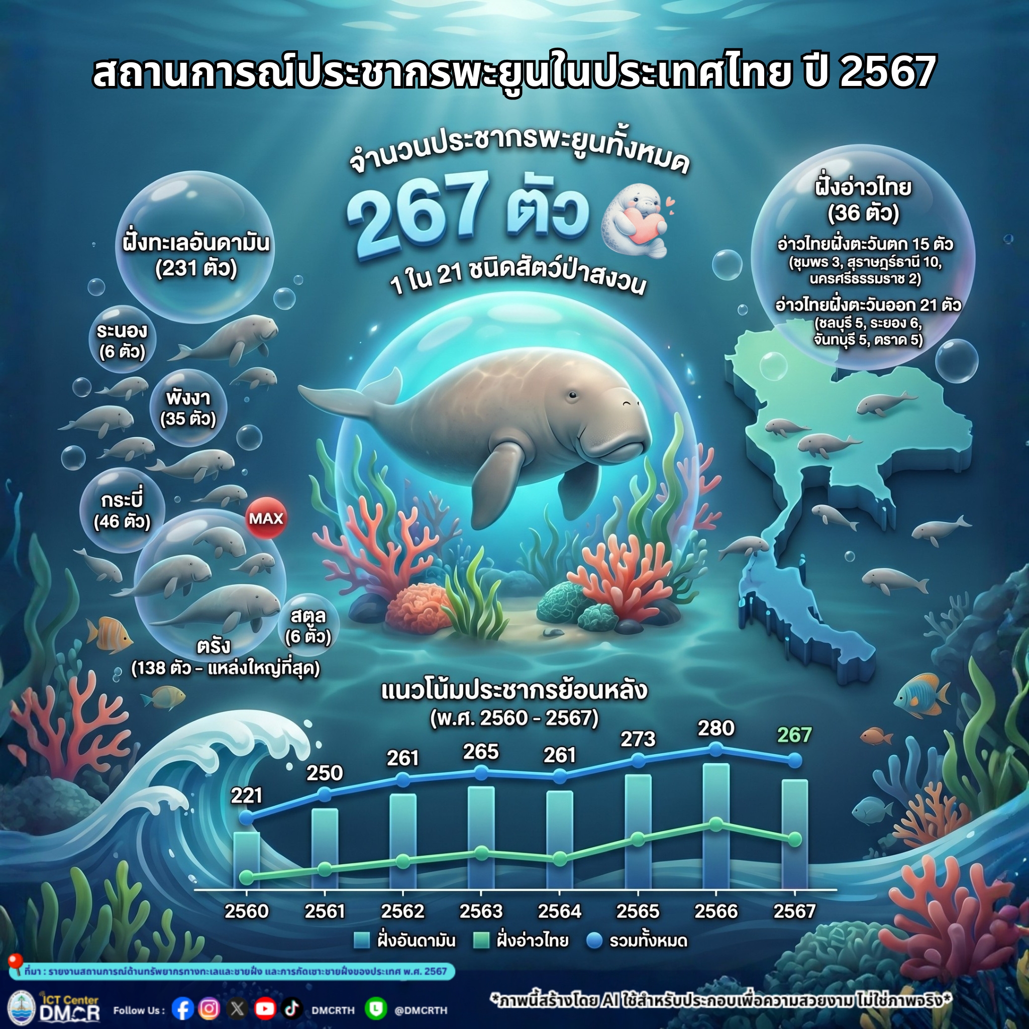 สถานการณ์ประชากร "พะยูนไทย" ปี 2567 เผยยอดรวมล่าสุด 267 ตัว ชี้จังหวัดตรังยังครองแชมป์แหล่งอาศัยใหญ่ที่สุด